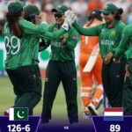 Fatima Sana celebrates after Pakistan beat Netherlands in the T20 World Cup