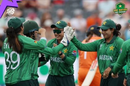 Fatima Sana celebrates after Pakistan beat Netherlands in the T20 World Cup