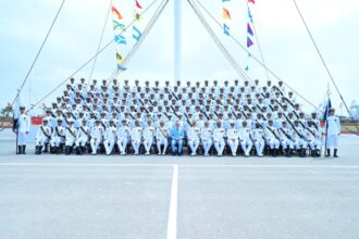Prime Minister Shehbaz Sharif and Admiral Naveed Ashraf with cadets at PNS Rahbar