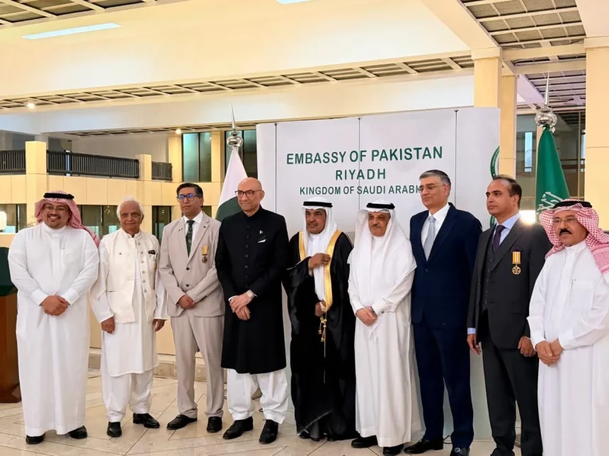 Abrar Hussain Tanoli receiving Tamgha-e-Imtiaz at Pakistan Embassy ceremony in Riyadh